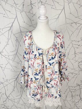Style & Co Colorful Floral Print Lace Hem Peasant Blouse